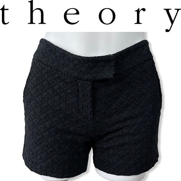 Theory Black Eyelet Embroidered City Dress Shorts Size 2 Preppy Classic Boho - Picture 1 of 14